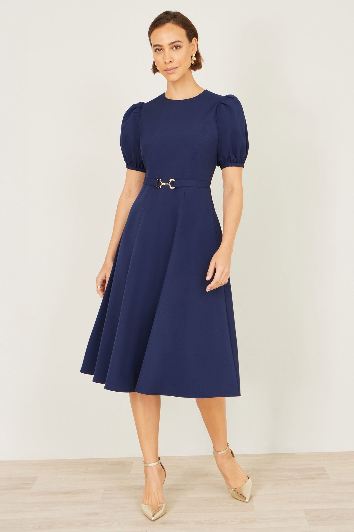 Navy Skater Dress With Puff Sleeves And Buckle Detail - Bascora