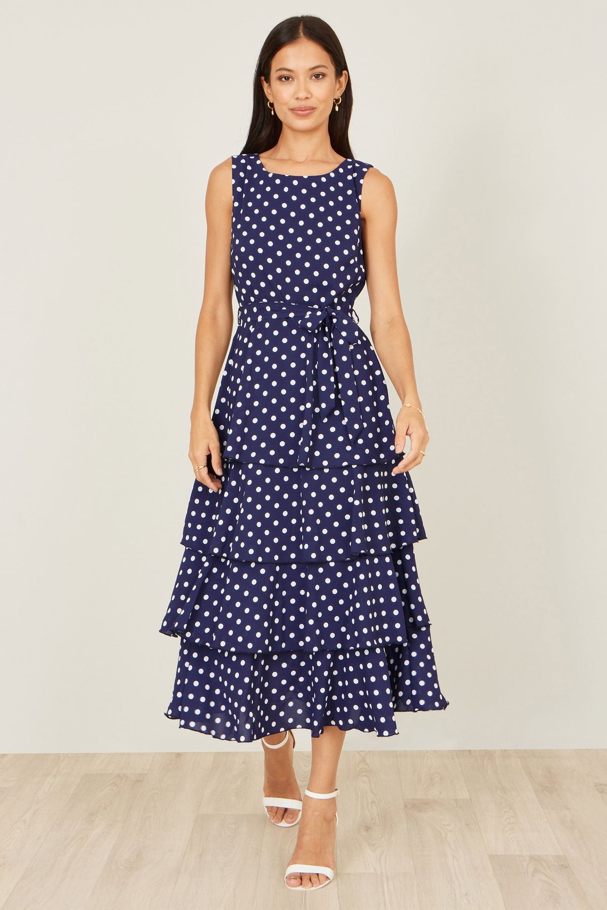 Navy Spot Tiered Midi Dress - Bascora