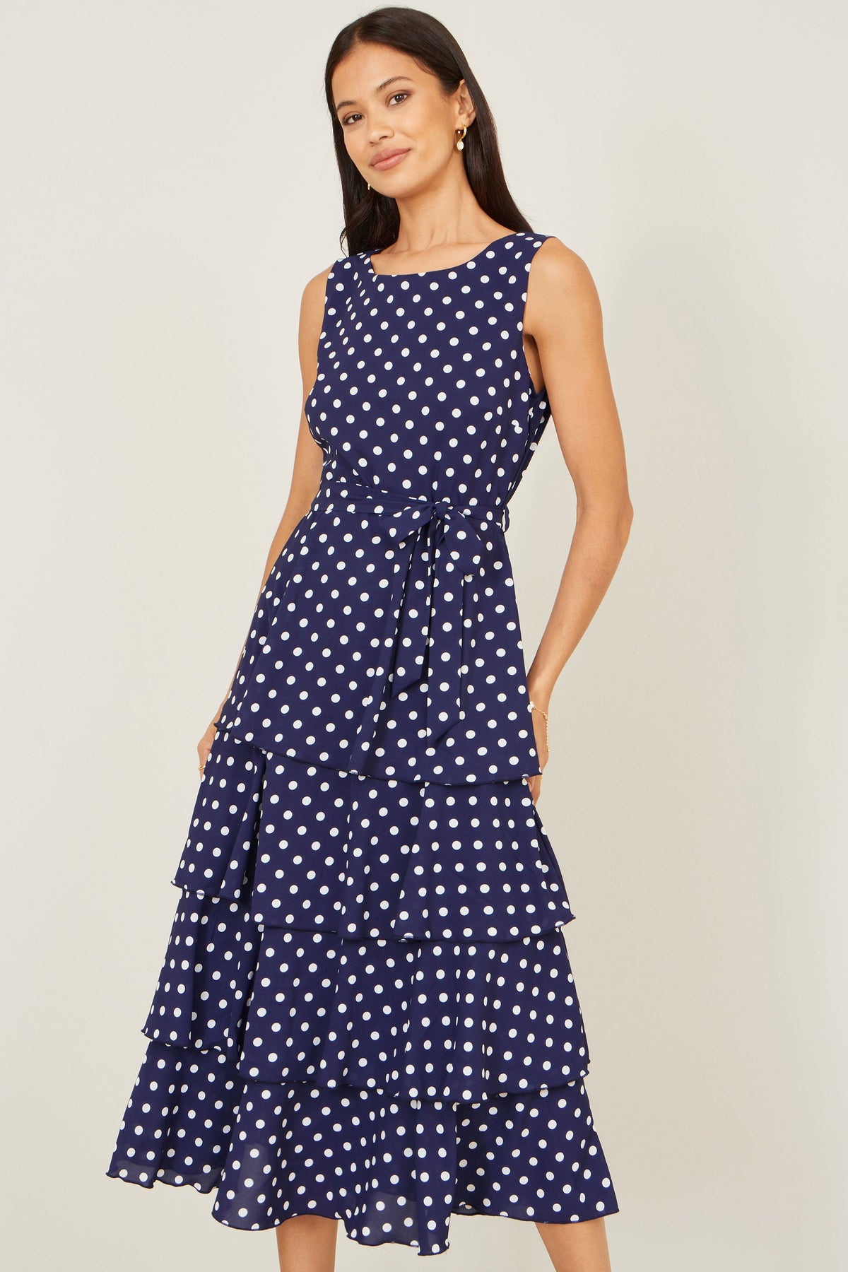 Navy Spot Tiered Midi Dress - Bascora