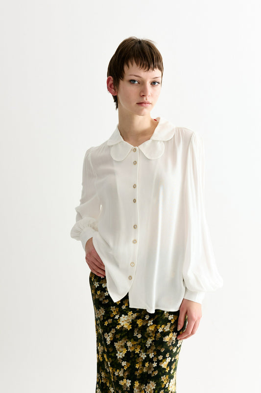 Octavia Moss Crepe Overlap Collar Shirt - Off White - Bascora