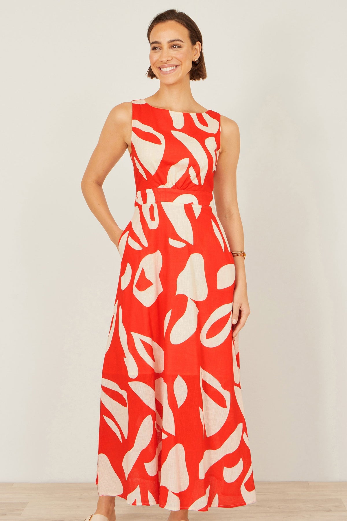 Orange Abstract Maxi Dress With Tie Back - Bascora
