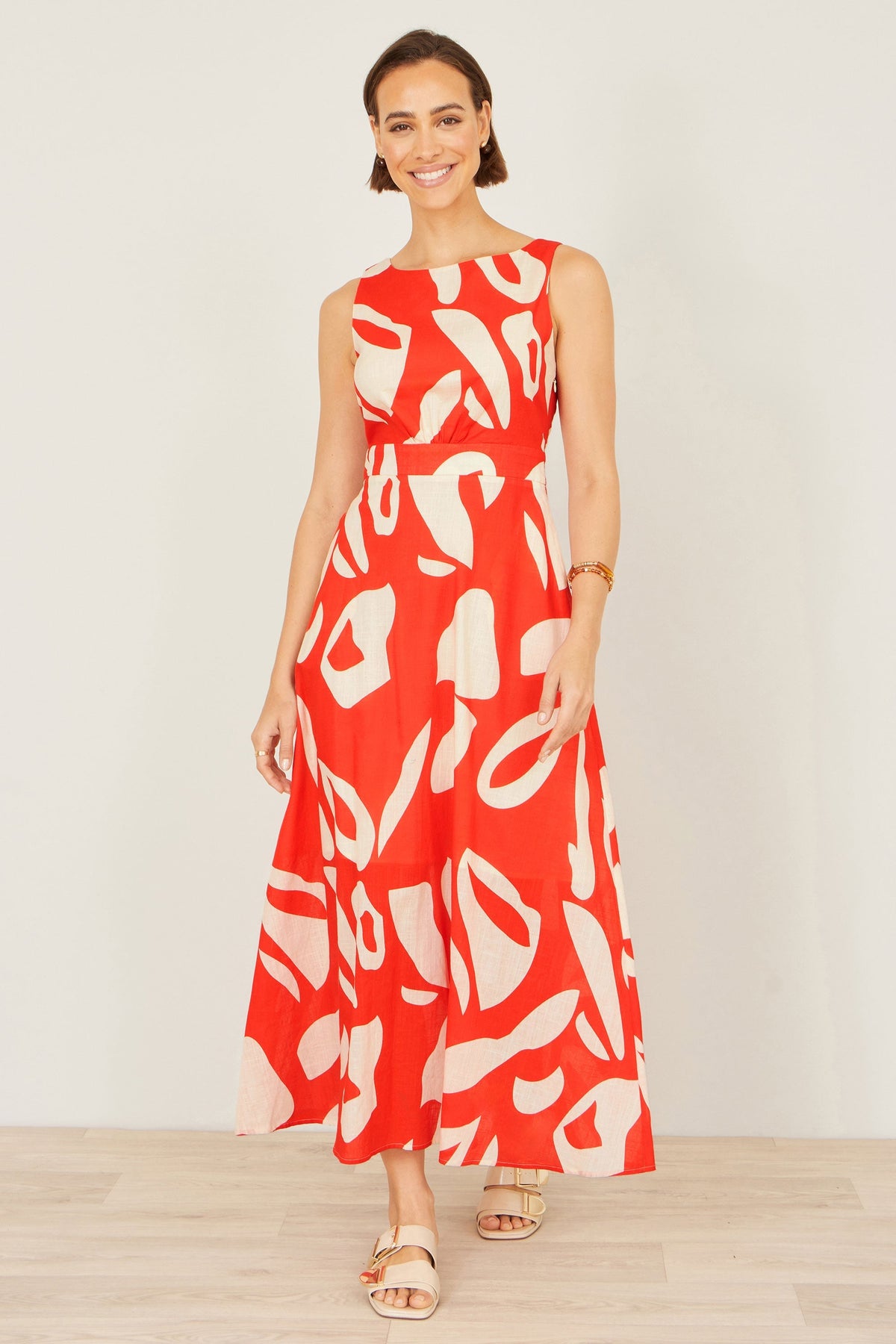 Orange Abstract Maxi Dress With Tie Back - Bascora