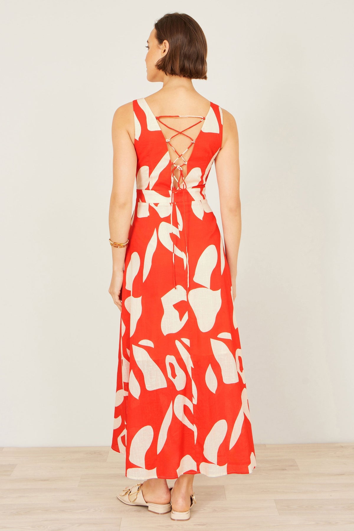 Orange Abstract Maxi Dress With Tie Back - Bascora