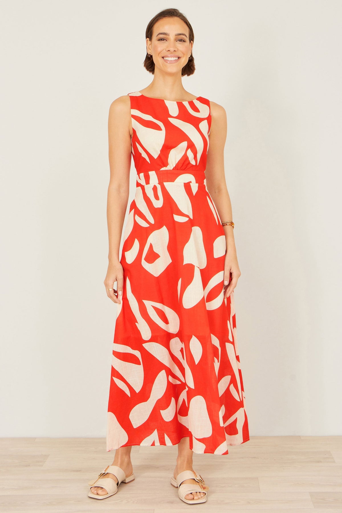 Orange Abstract Maxi Dress With Tie Back - Bascora