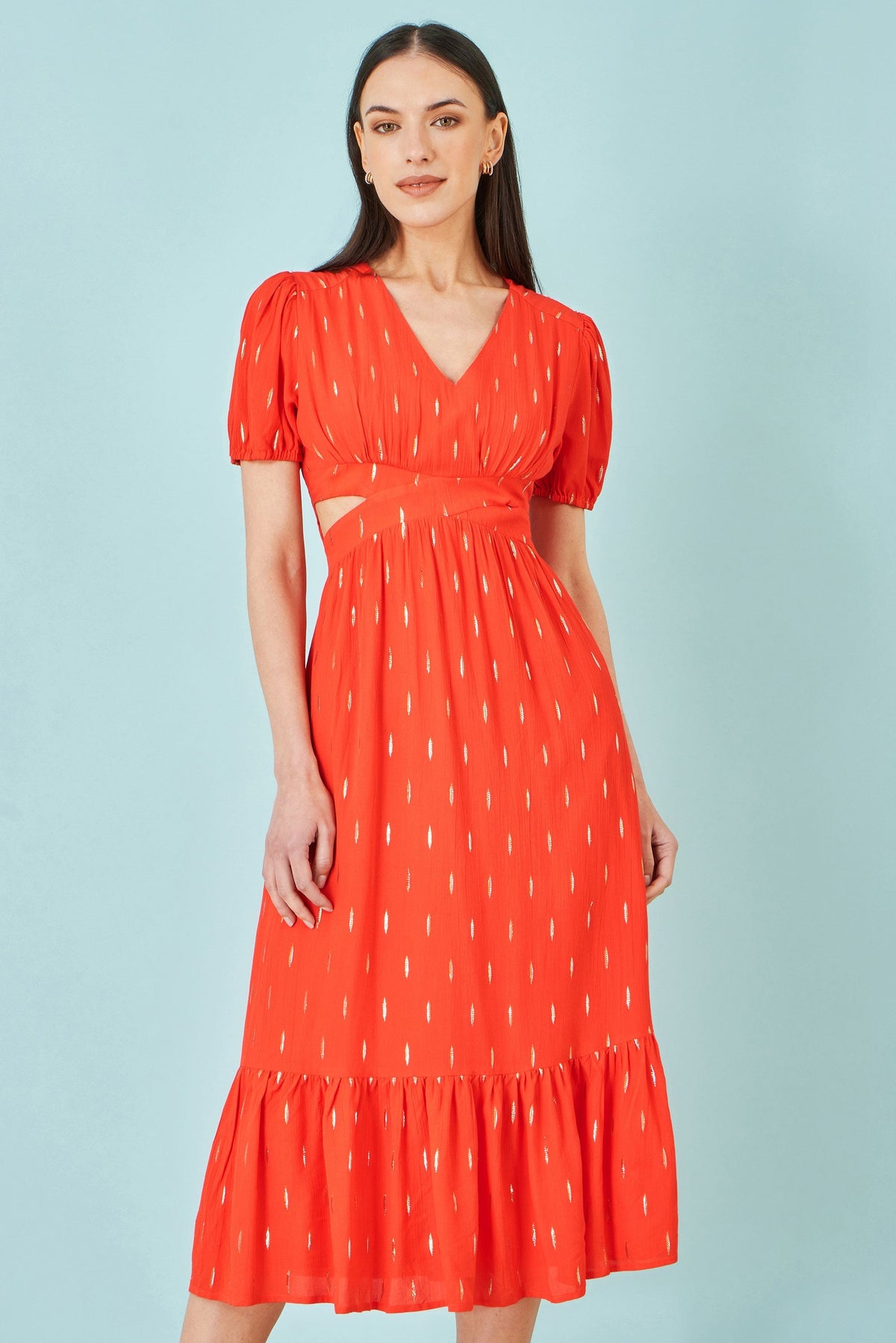 Orange Foil Print Viscose Cut Out Midi Dress - Bascora