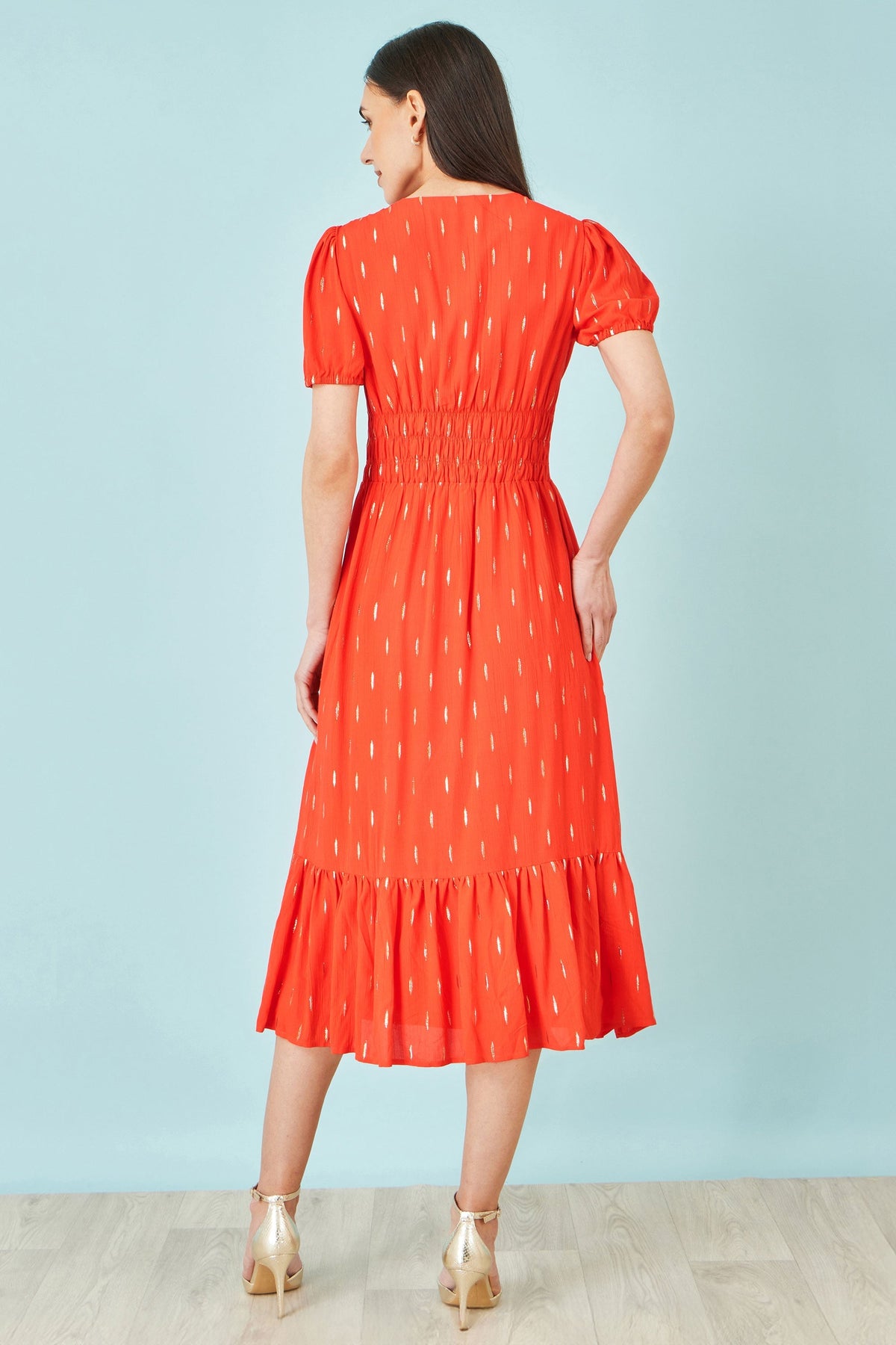 Orange Foil Print Viscose Cut Out Midi Dress - Bascora