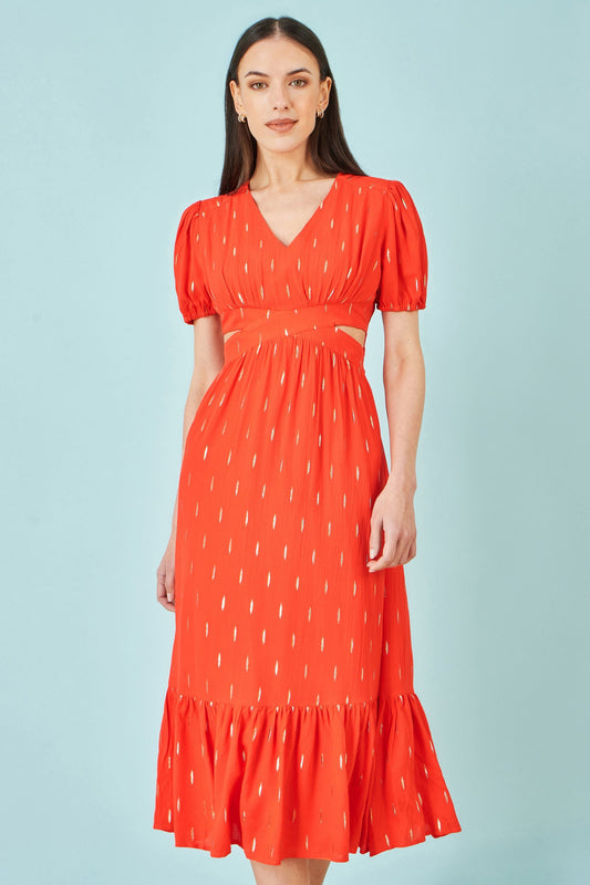 Orange Foil Print Viscose Cut Out Midi Dress - Bascora