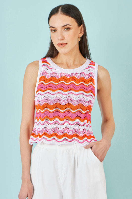 Orange Stripe Crochet Stripe Vest Top - Bascora