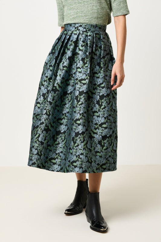 Pasadena Blossom Jacquard Midi Skirt - Black - Bascora