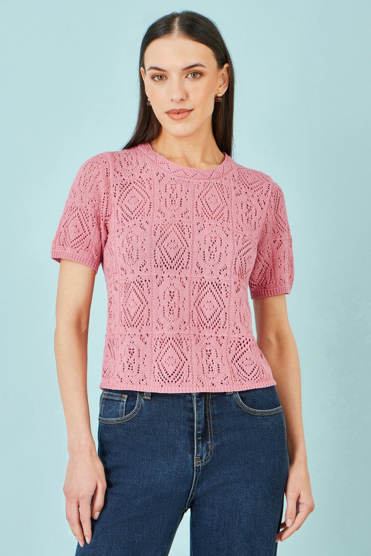 Pink Cotton Crochet Knitted Top - Bascora