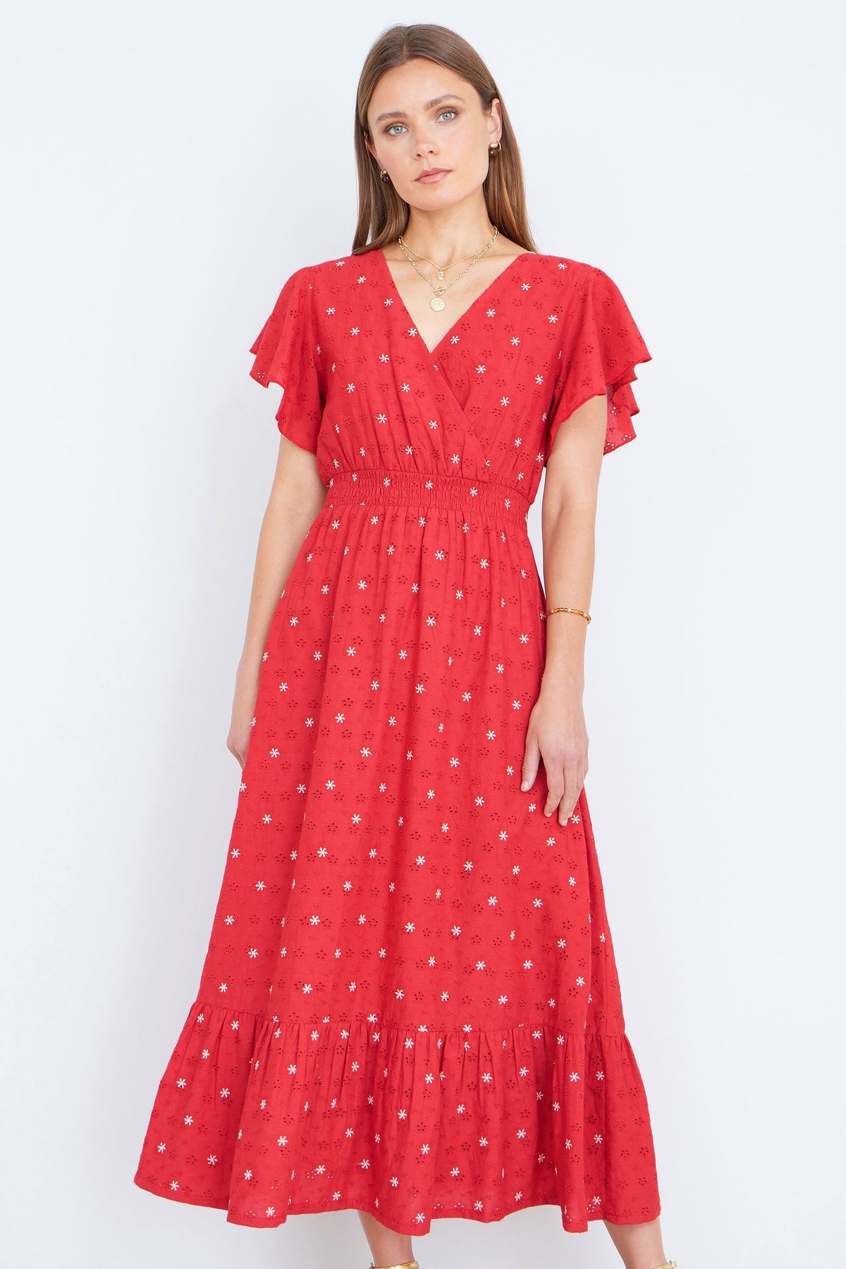 Red Broderie Anglaise Wrap Midi Dress With Flower Embroidery - Bascora