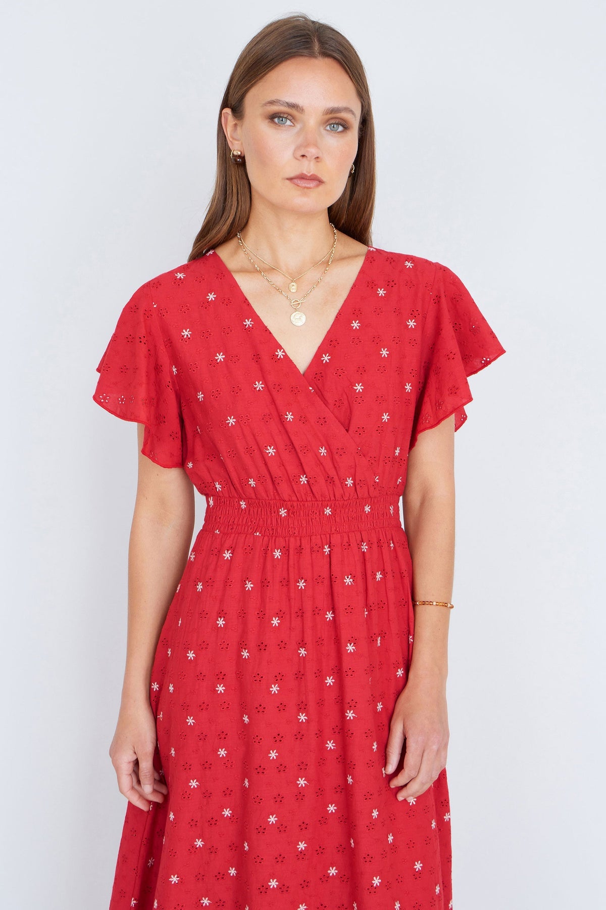 Red Broderie Anglaise Wrap Midi Dress With Flower Embroidery - Bascora