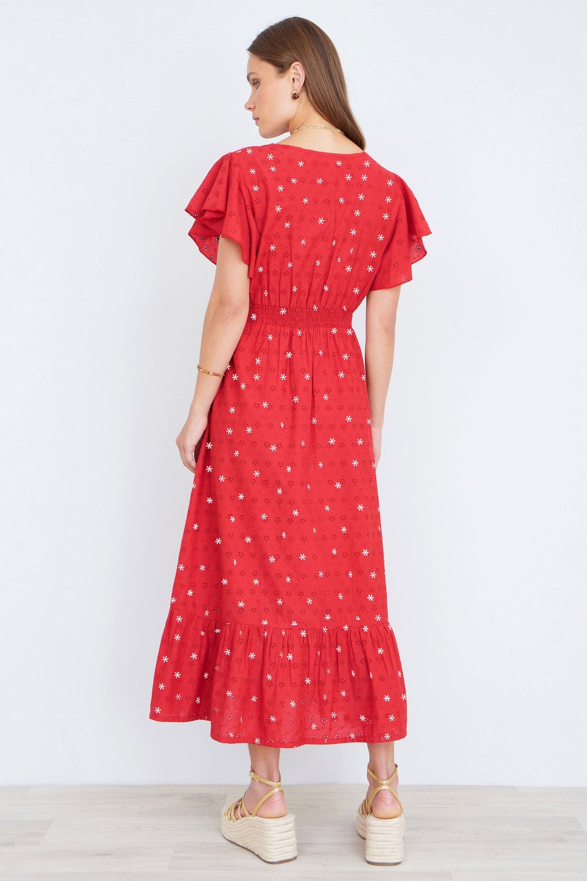 Red Broderie Anglaise Wrap Midi Dress With Flower Embroidery - Bascora