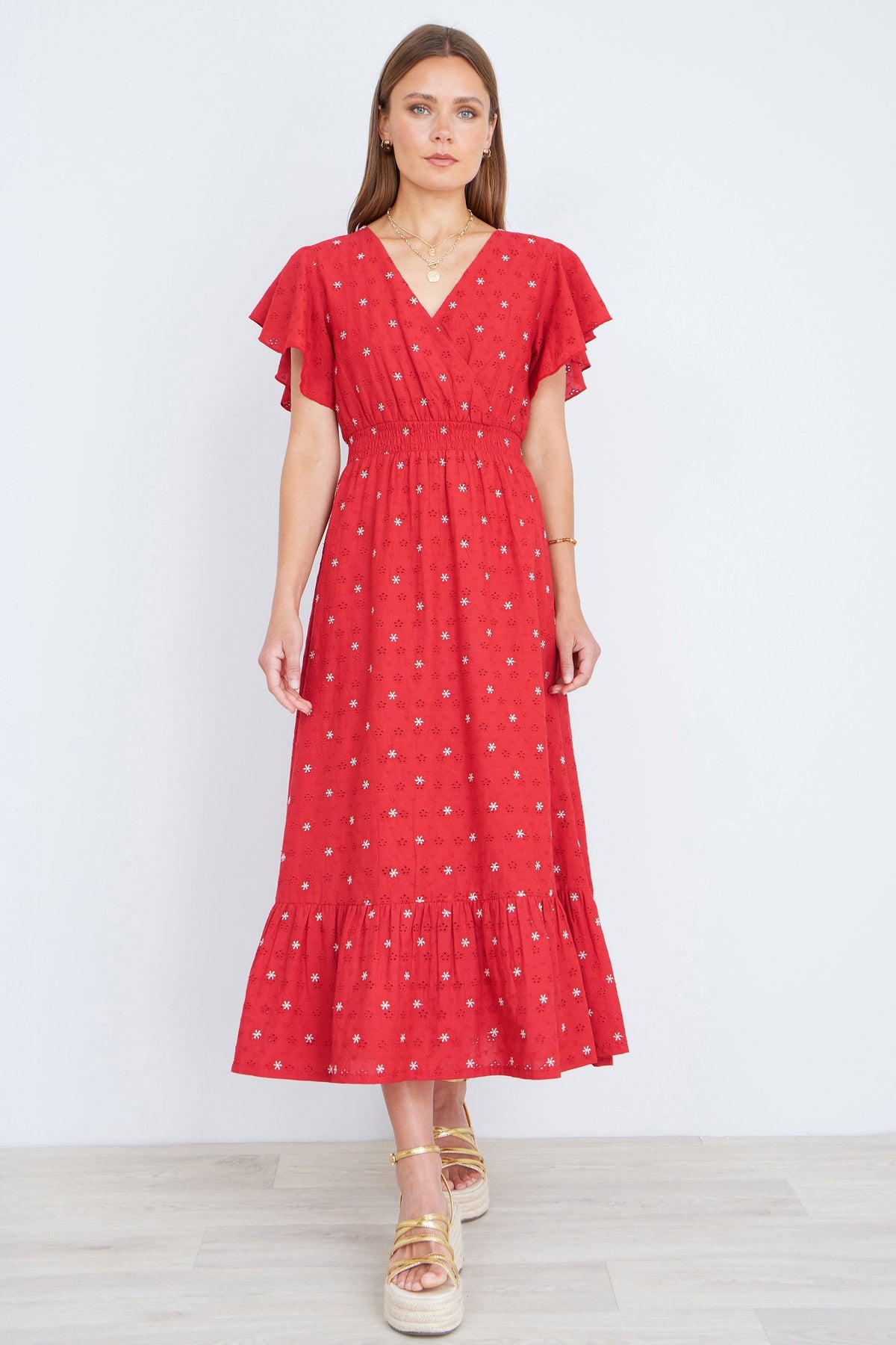 Red Broderie Anglaise Wrap Midi Dress With Flower Embroidery - Bascora