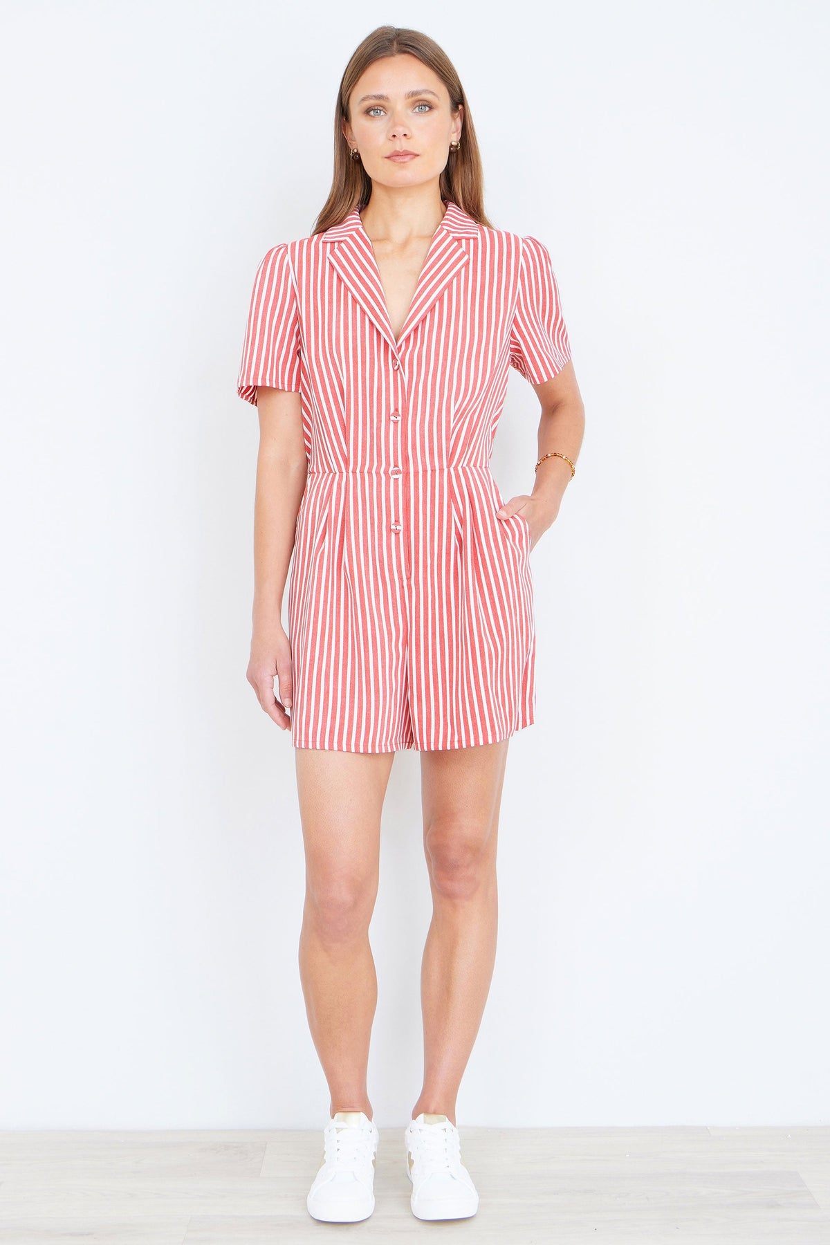 Red Stripe Retro Playsuit - Bascora