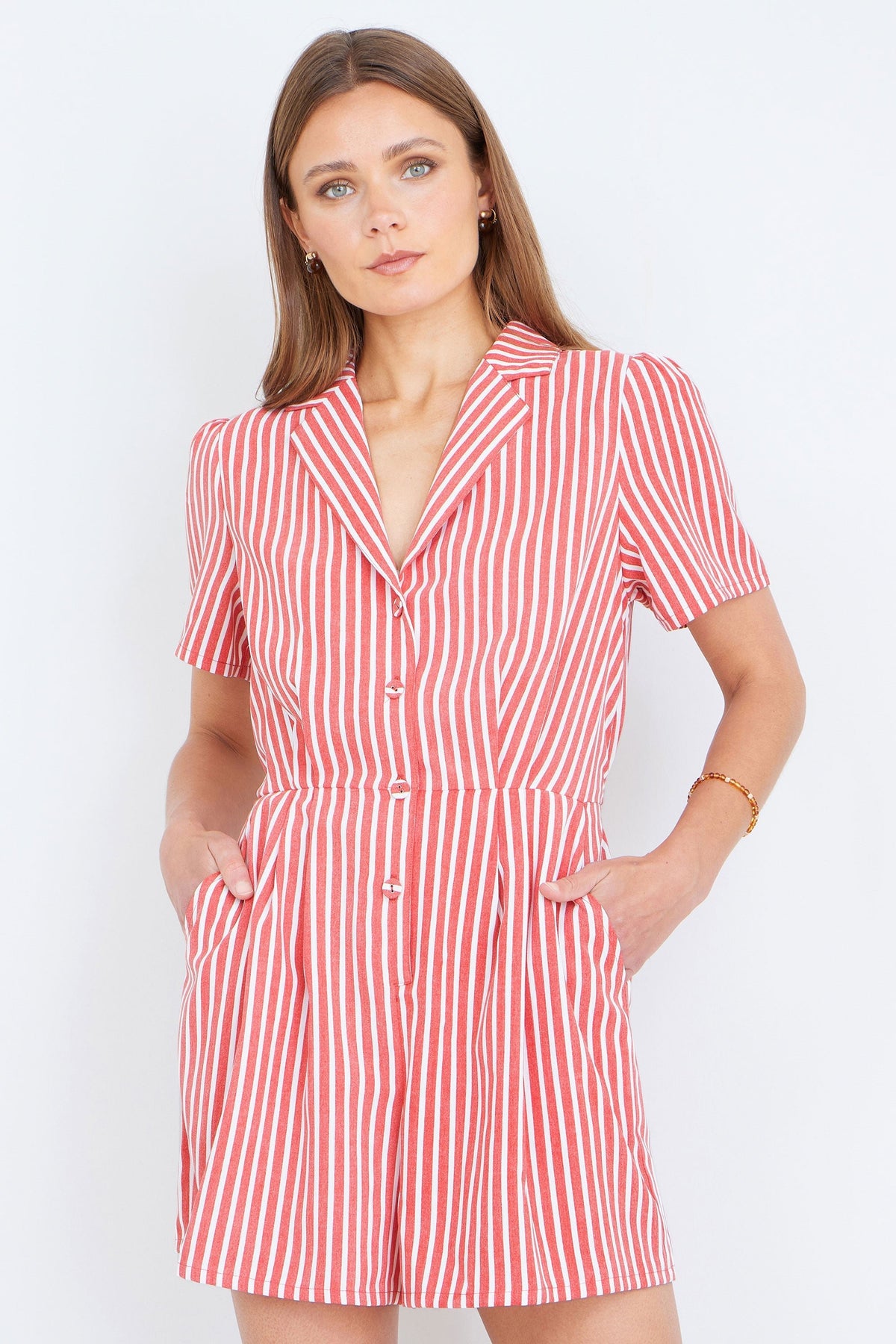 Red Stripe Retro Playsuit - Bascora