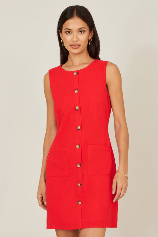 Red Viscose Button Detail Shift Dress - Bascora