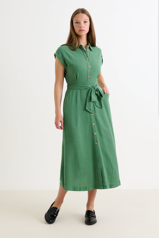 Reese Linen Mix Button Through Midi Shirt Dress - Green - Bascora