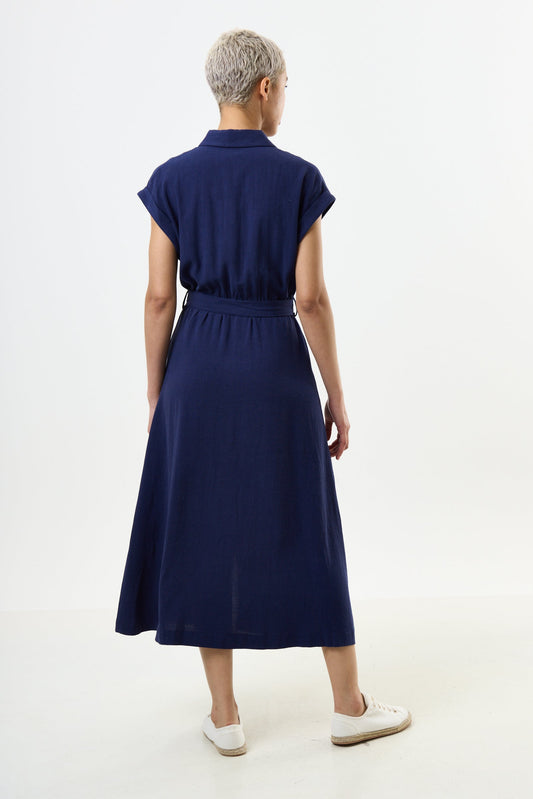 Reese Linen Mix Button Through Midi Shirt Dress - Navy - Bascora