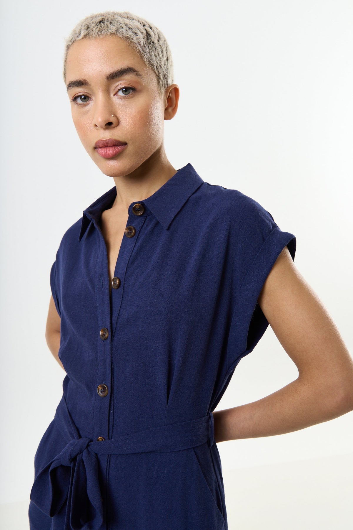 Reese Linen Mix Button Through Midi Shirt Dress - Navy - Bascora