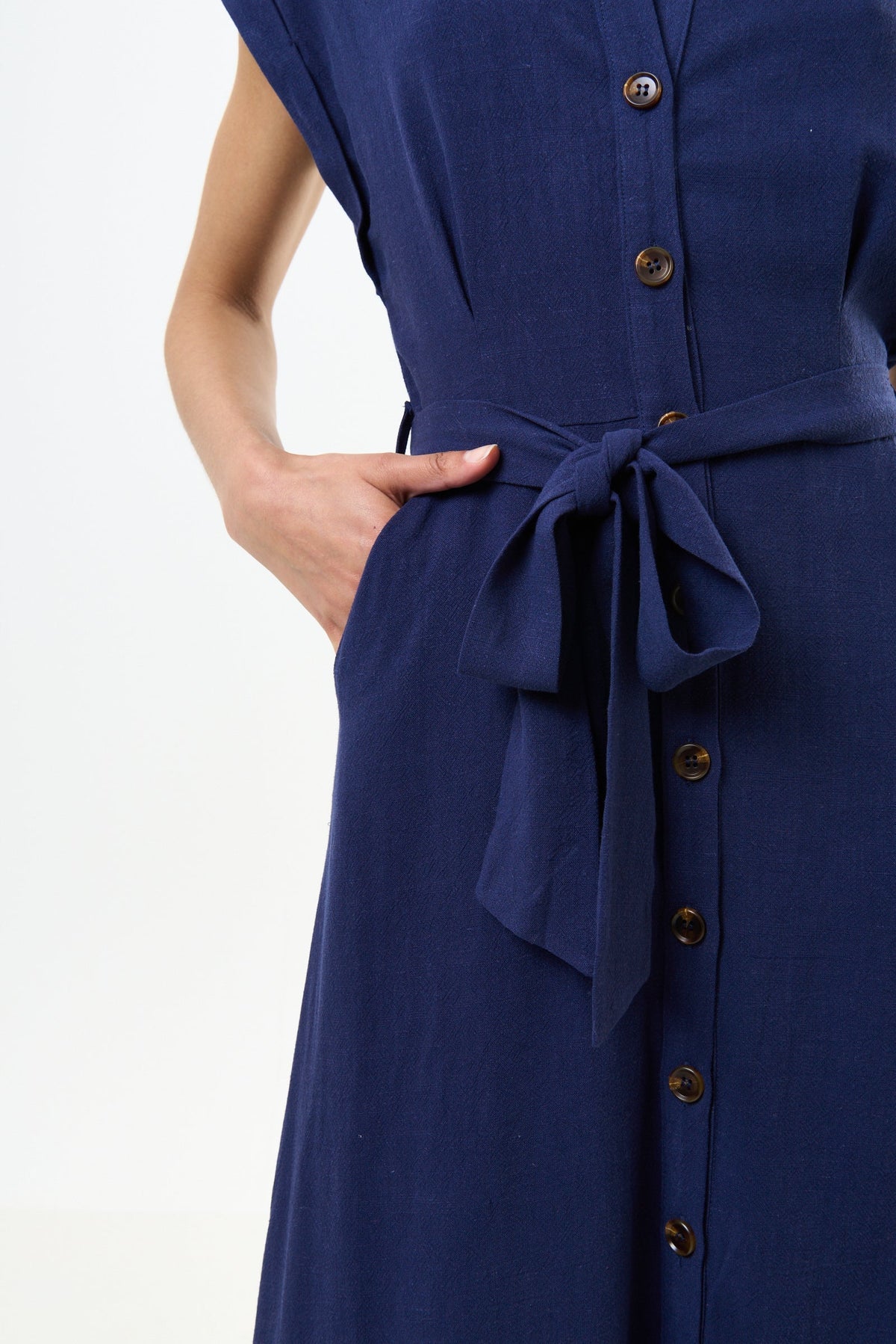 Reese Linen Mix Button Through Midi Shirt Dress - Navy - Bascora