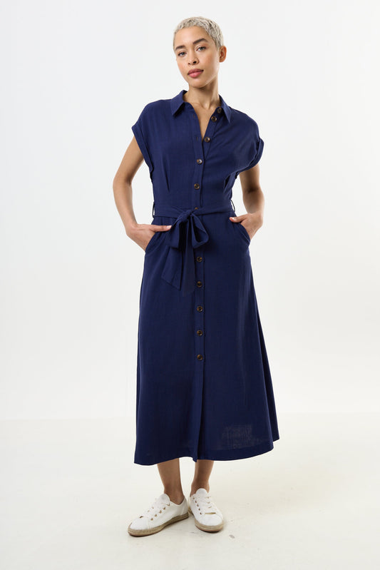 Reese Linen Mix Button Through Midi Shirt Dress - Navy - Bascora