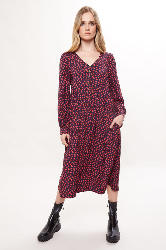 Rheane Gingham Twist Print Long Sleeve V Neck Midi Dress - Bascora