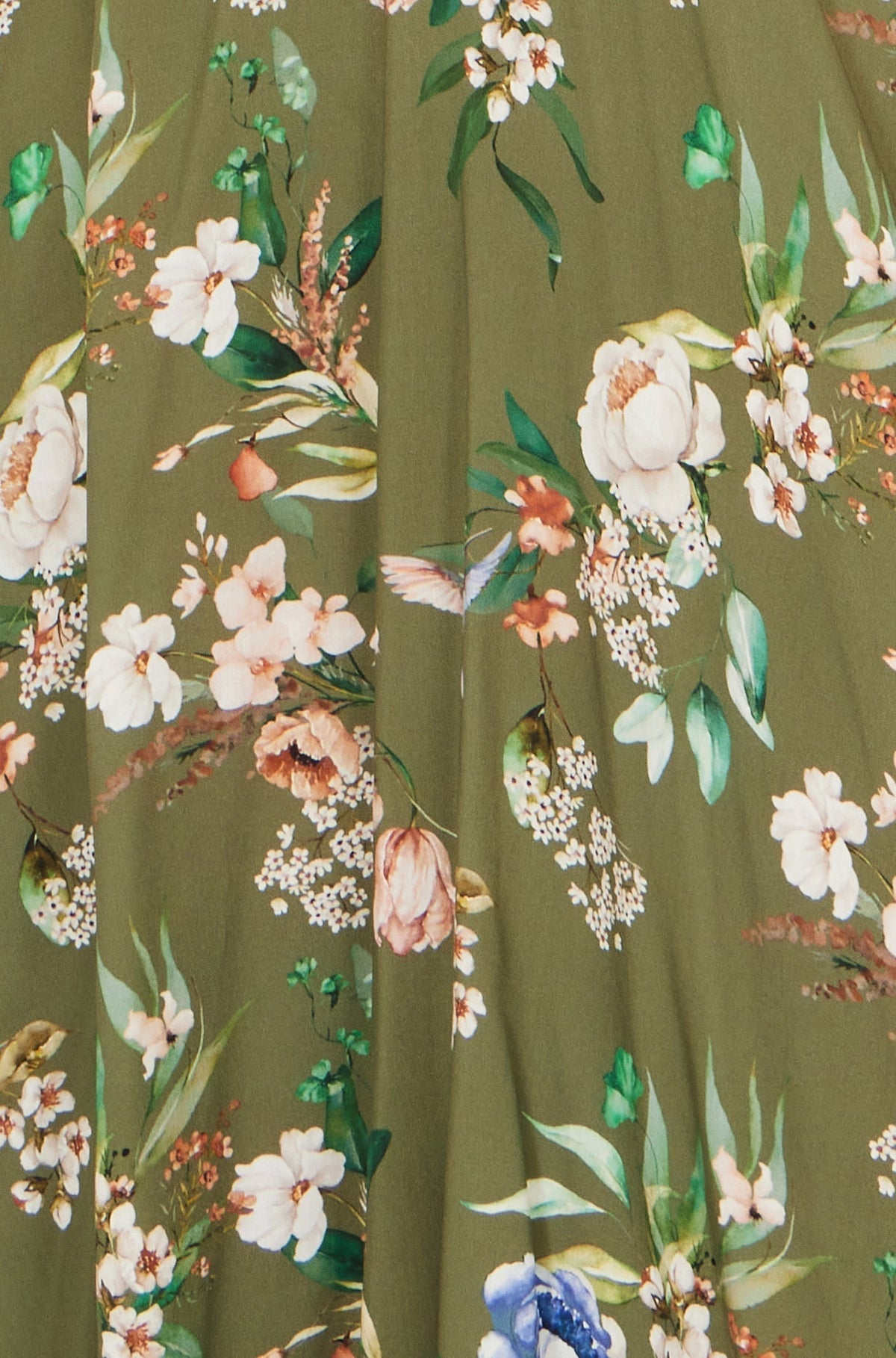 Sage Green Viscose Floral Print Midi Dress With Ruched Waist - Bascora