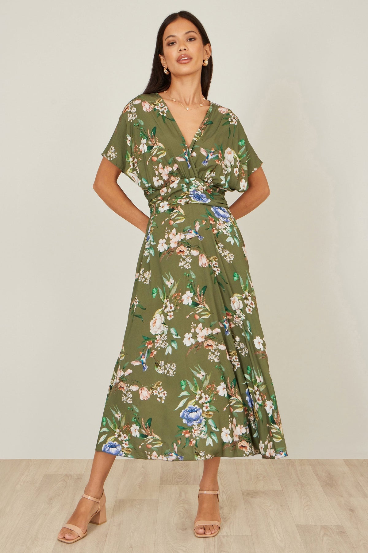 Sage Green Viscose Floral Print Midi Dress With Ruched Waist - Bascora