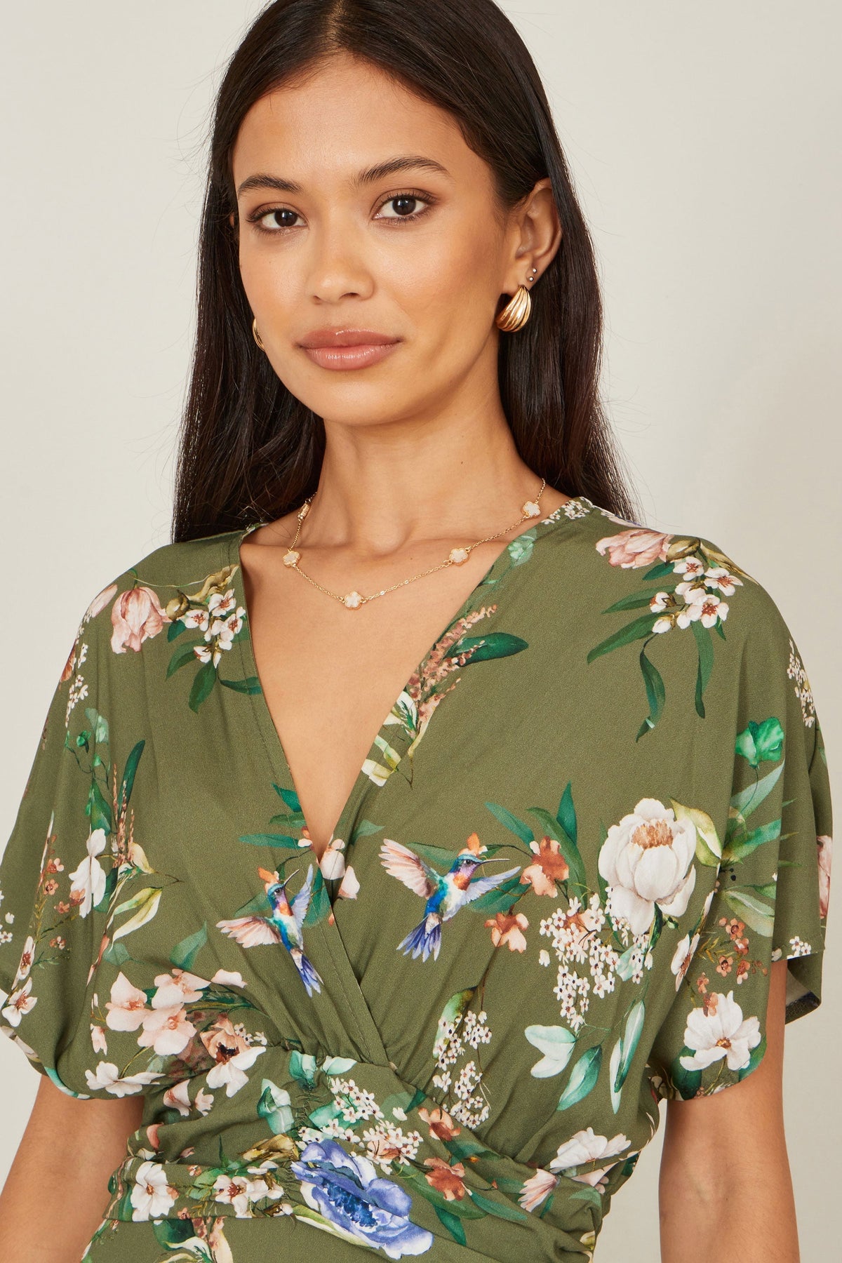 Sage Green Viscose Floral Print Midi Dress With Ruched Waist - Bascora