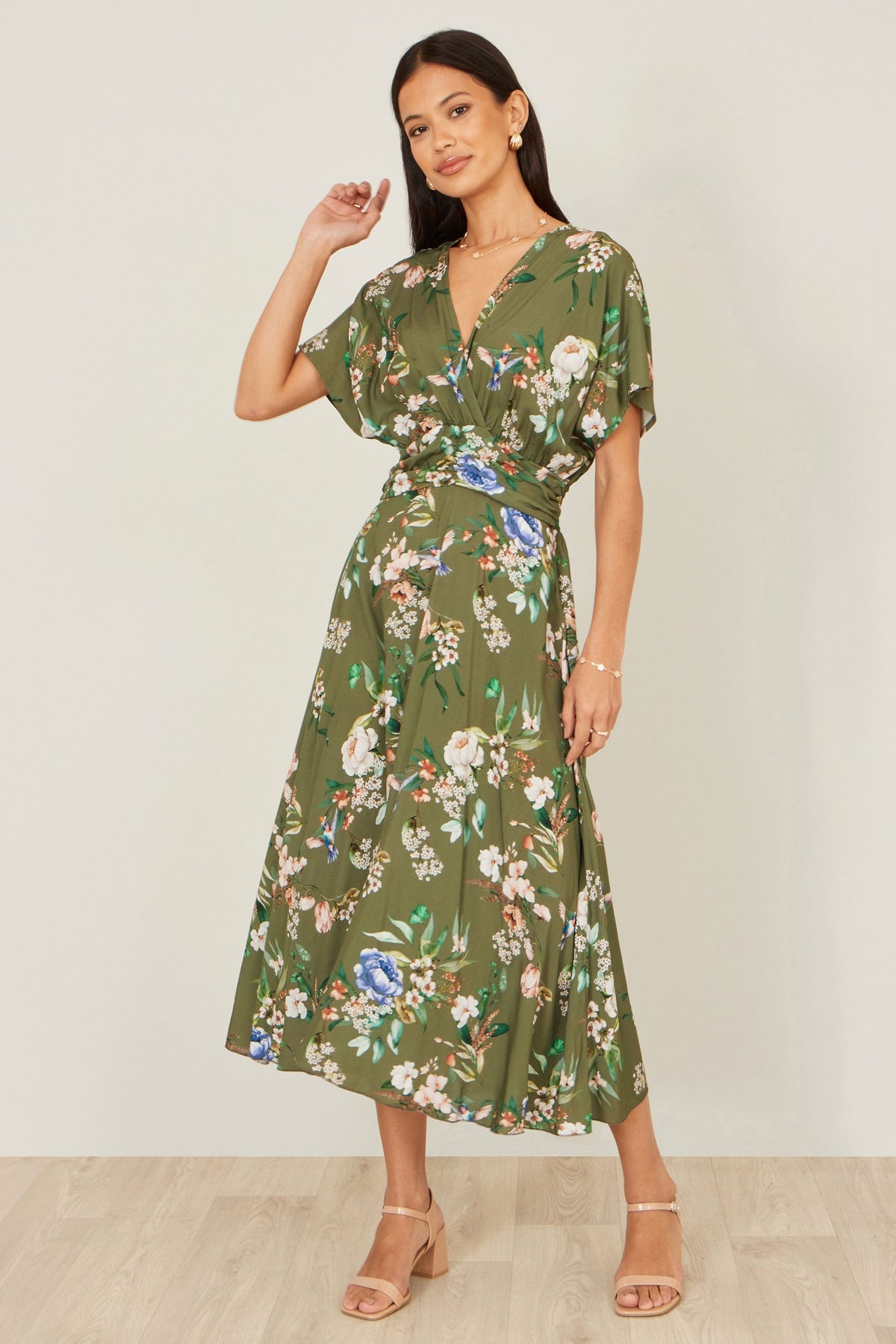 Sage Green Viscose Floral Print Midi Dress With Ruched Waist - Bascora