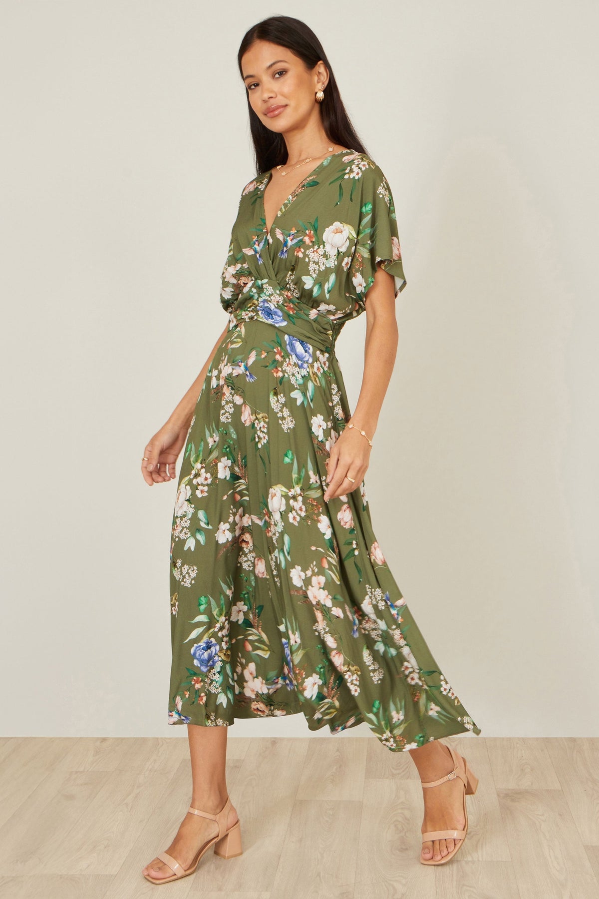 Sage Green Viscose Floral Print Midi Dress With Ruched Waist - Bascora