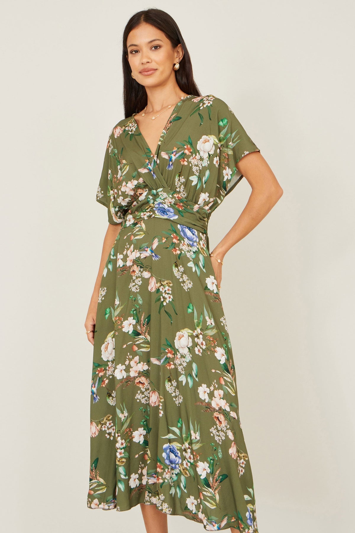 Sage Green Viscose Floral Print Midi Dress With Ruched Waist - Bascora