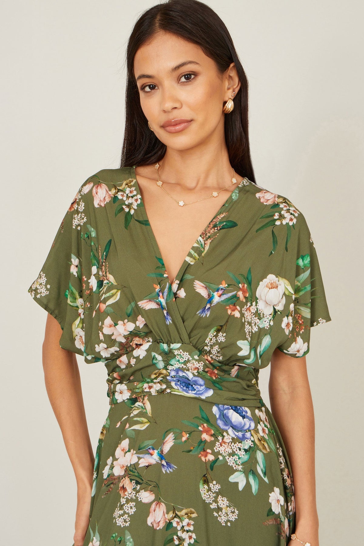Sage Green Viscose Floral Print Midi Dress With Ruched Waist - Bascora