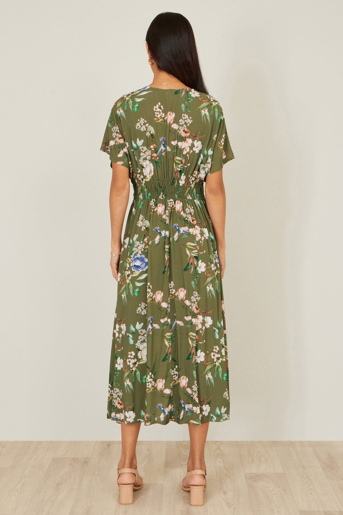 Sage Green Viscose Floral Print Midi Dress With Ruched Waist - Bascora