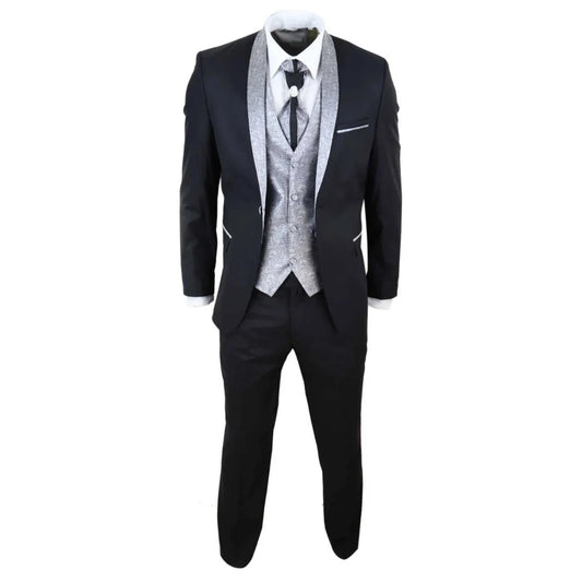 Men's 4 Piece Groom Wedding Suit with Shawl Collar and Black Silver Cravat