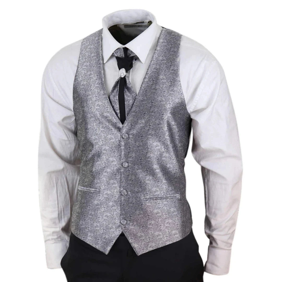 Men's 4 Piece Groom Wedding Suit with Shawl Collar and Black Silver Cravat