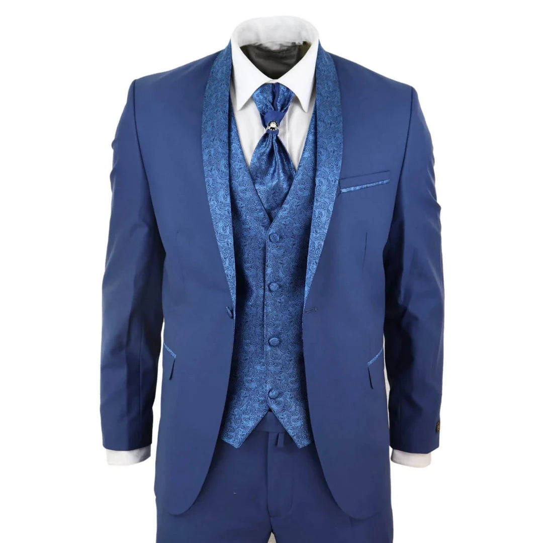 Men's 4 Piece Groom Wedding Suit with Shawl Collar and Blue Cravat