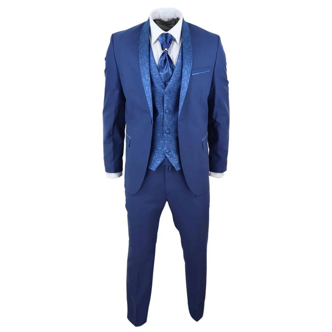 Men's 4 Piece Groom Wedding Suit with Shawl Collar and Blue Cravat