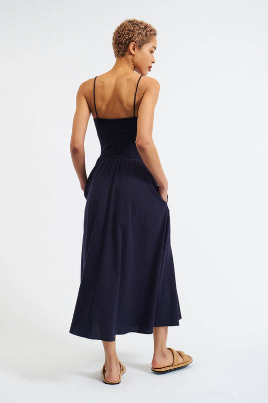 Soumia Jersey Bodice And Recycled Cotton Skirt Midaxi Dress - Navy - Bascora