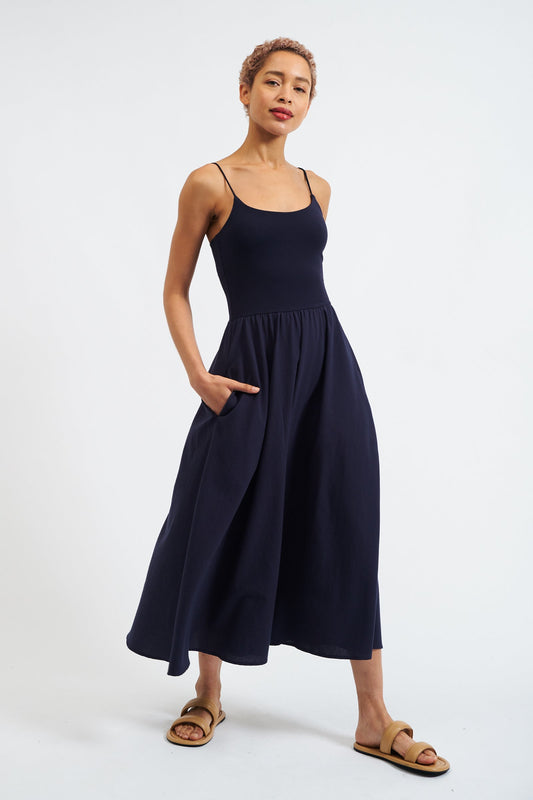 Soumia Jersey Bodice And Recycled Cotton Skirt Midaxi Dress - Navy - Bascora
