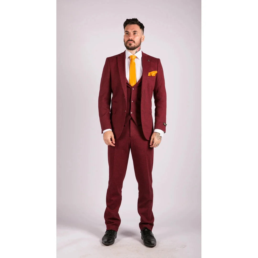 Men's Wool Tweed Burgundy Black Classic 3 Piece Suit