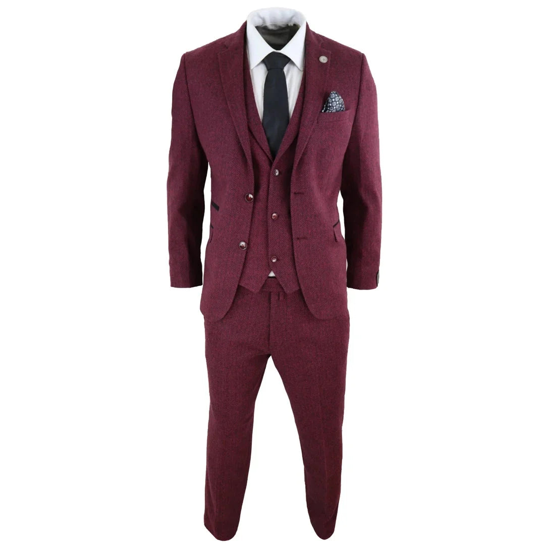 Men's Wool Tweed Burgundy Black Classic 3 Piece Suit