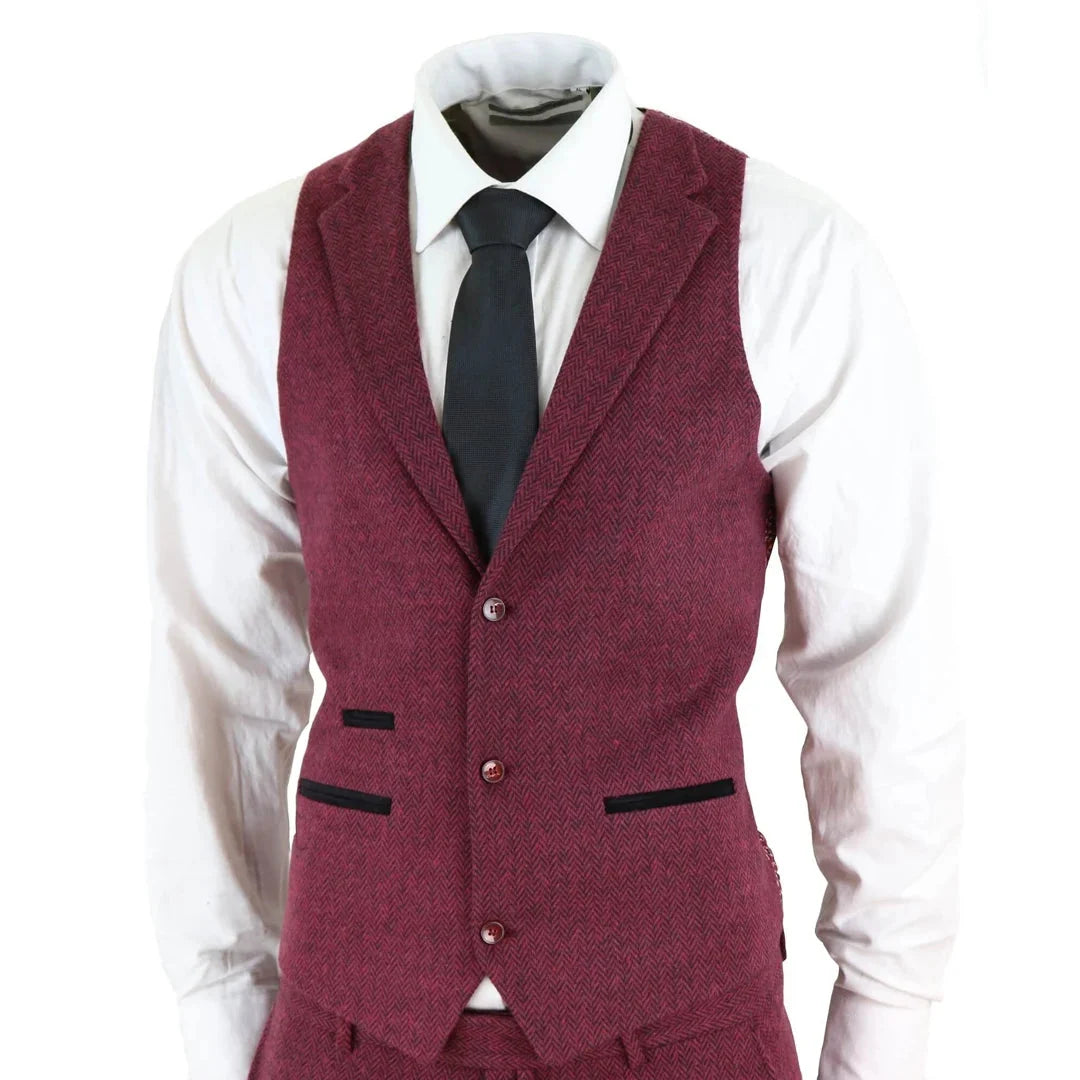Men's Wool Tweed Burgundy Black Classic 3 Piece Suit