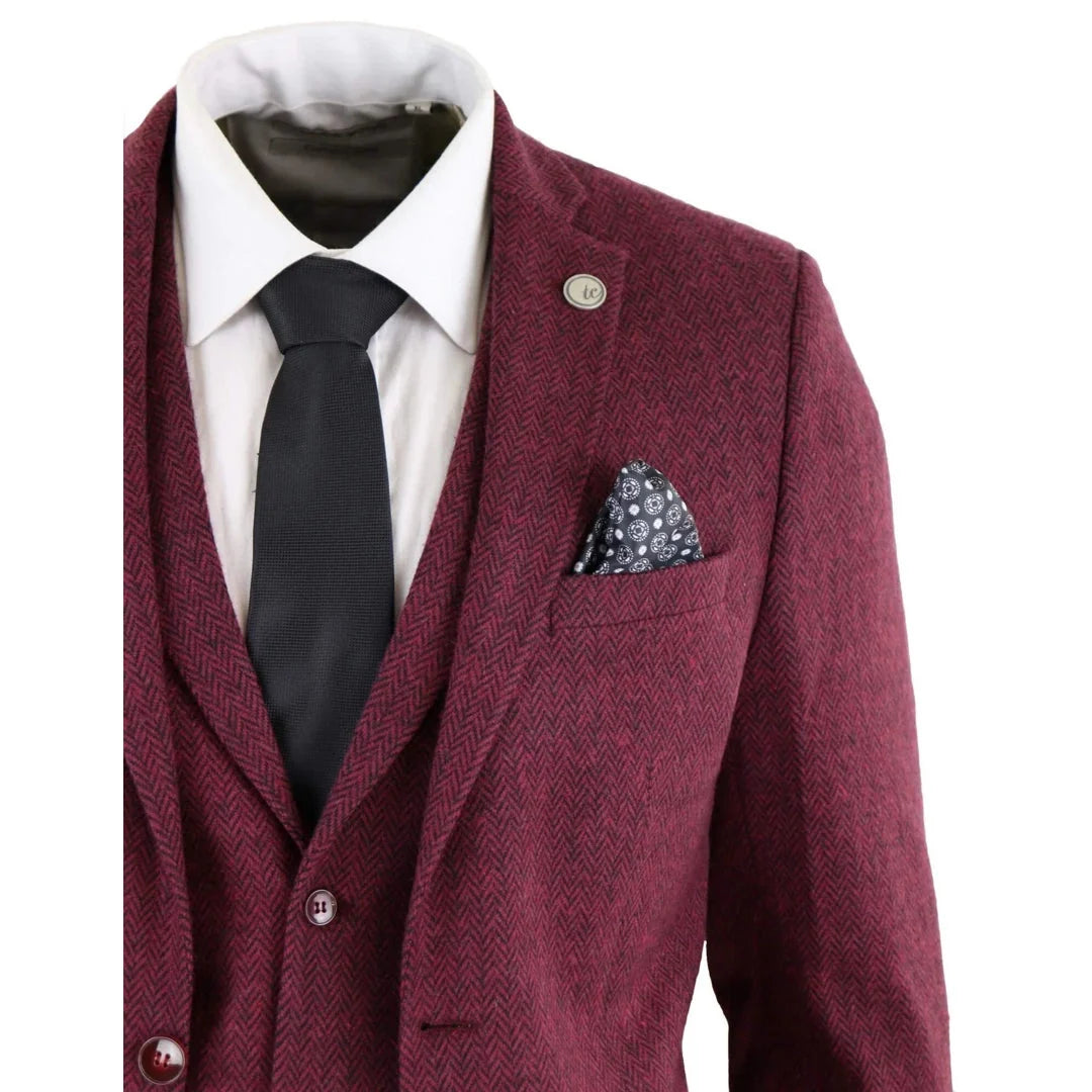 Men's Wool Tweed Burgundy Black Classic 3 Piece Suit