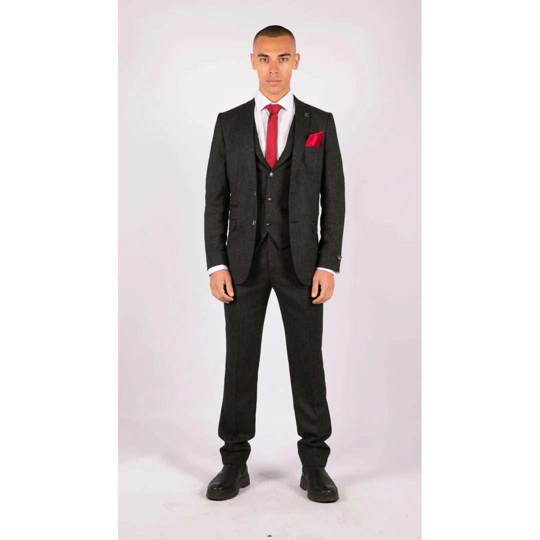 Men's Wool Tweed Charcoal Black Classic 3 Piece Suit