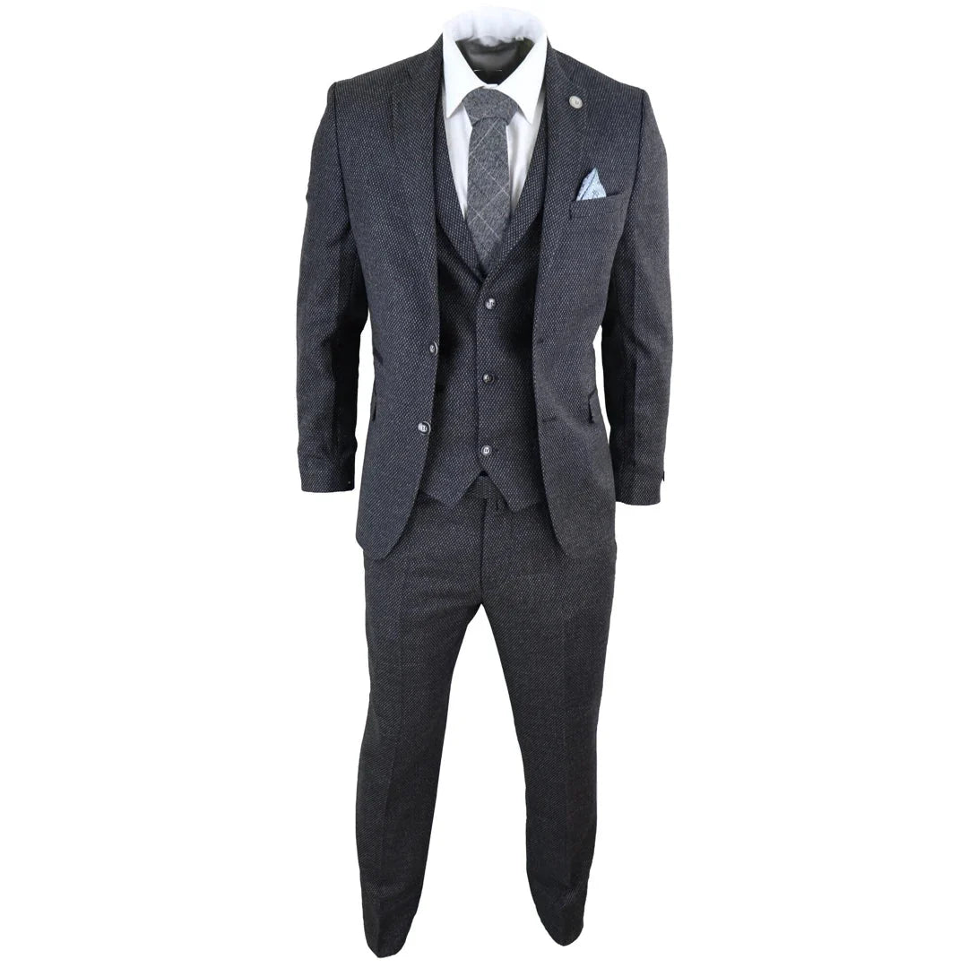 Men's Wool Tweed Charcoal Black Classic 3 Piece Suit
