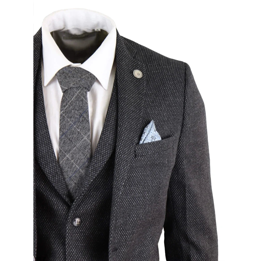 Men's Wool Tweed Charcoal Black Classic 3 Piece Suit