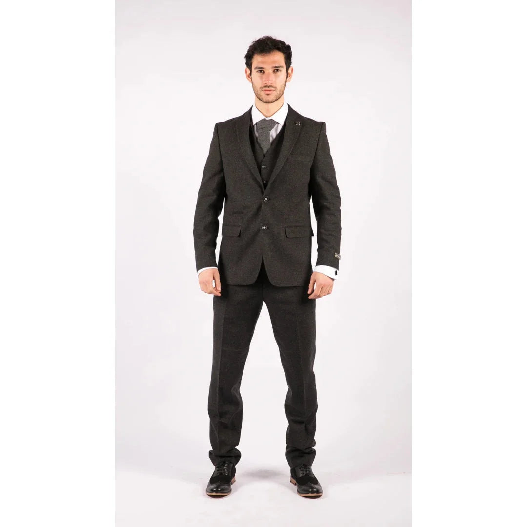 Men's Black Wool Tweed 3 Piece Authentic 1920s Classic Suit