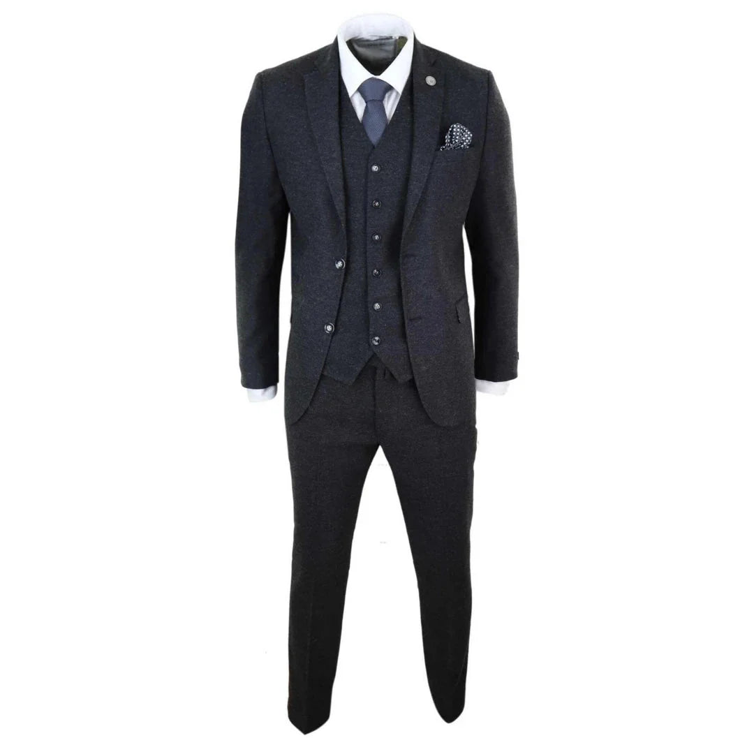 Men's Black Wool Tweed 3 Piece Authentic 1920s Classic Suit